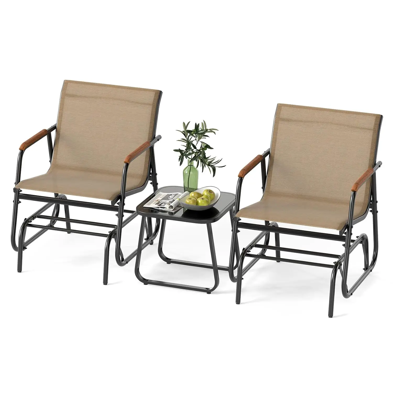 

3pc Patio Bistro Glider Set 2 Rocking Chairs & Glass Table Smooth Motion Outdoor Furniture Porch Yard Balcony, Customized