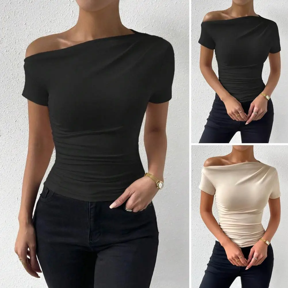 Summer New T-shirt Women Sexy Short Sleeve Fashion Tees Slash Neck Folds Crop Top Casual Streetwear Bodycon Solid Basic T-shirts