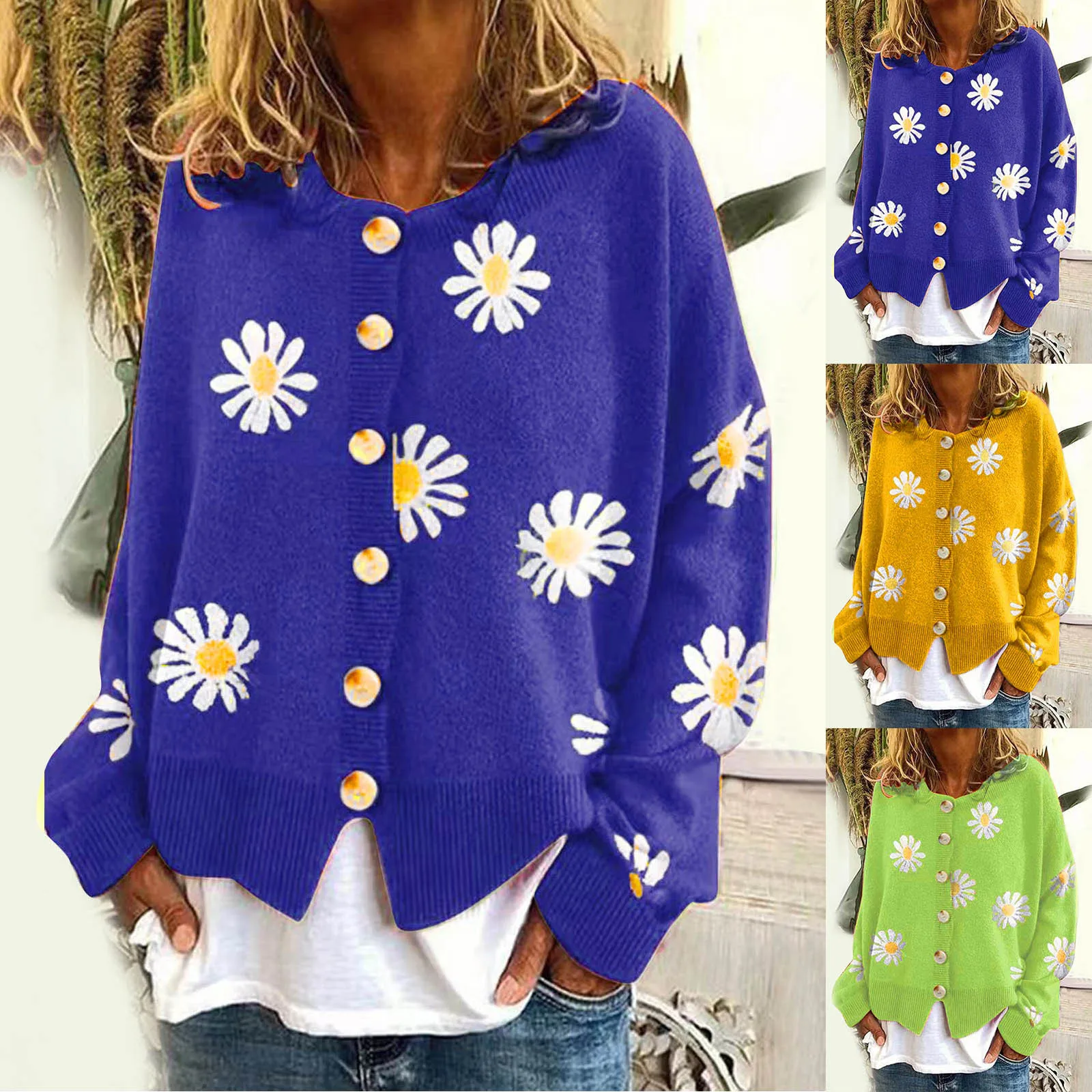 Women Casual Long Sleeve Round Neck Button Cardigan Little Daisy Print Knitted Sweater Coats Woman Woolen Warm High-Street Cloth