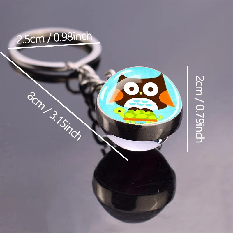 Cartoon Owl Cute Keychains Accessory Animal Bird Double Sided Glass Ball Pendant Key Chain Children's Gift Jewelry Keyring Decor