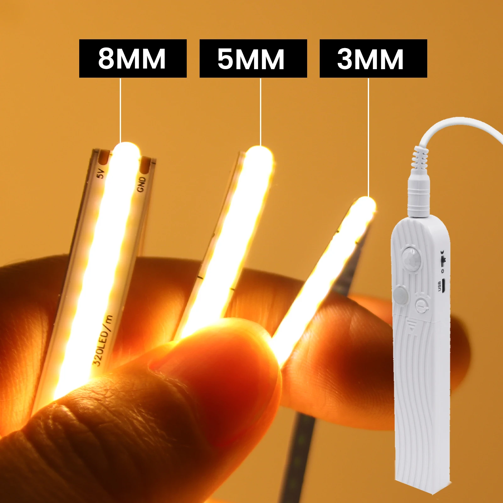 3MM 5MM 8MM COB LED Strip with Motion Sensor DC 5V 320LEDs/m Flexible Battery Tape Warm Nature White Kitchen Under Cabinet Lamp