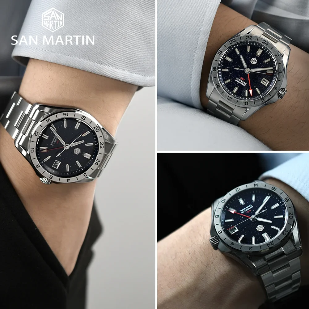 San Martin Original 39mm GMT Aventurine Gemstone Dial Luxury Men\'s Automatic Mechanical Watch NH34 Sapphire Waterproof Luminous