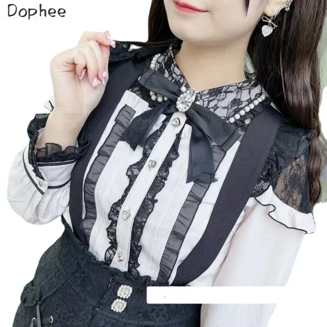 Dophee Japan Styles Landmine Series Off-the Shoulder Hollow Out Lace Long Sleeve Shirt Cute Tops Ruffles Beads Bow Lolita Blouse