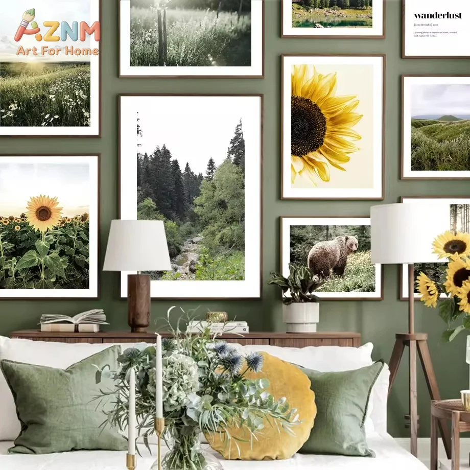 AZNM Natural Scenery Sunflower Forest Canvas Poster, Frameless Rural Meadow Sunlight Landscape Print Wall Art For Earth Tone Rus