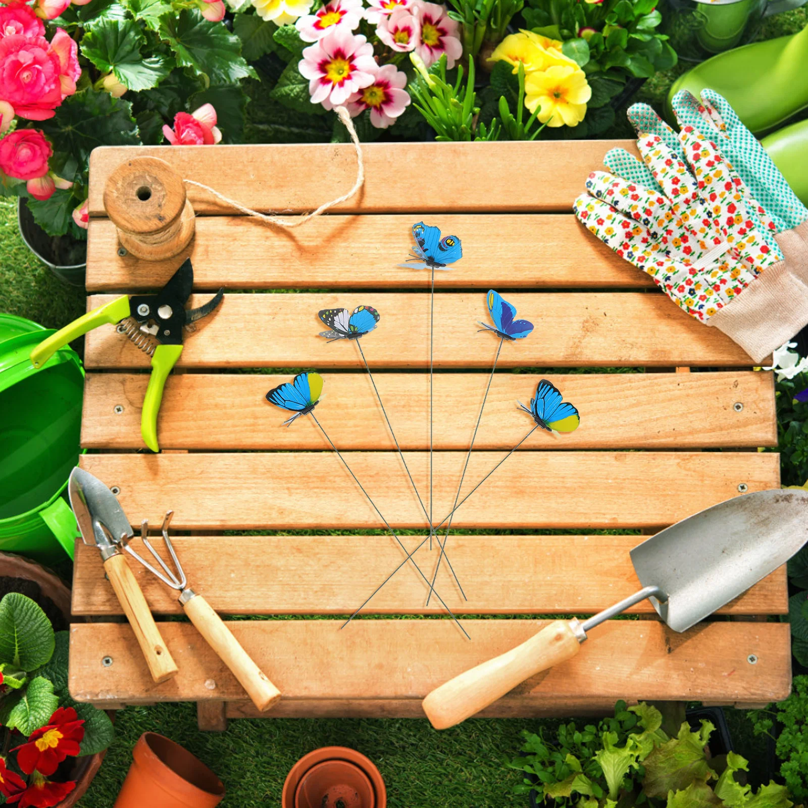 ดอกไม้ประดับรูปผีเสื้อ 5 ชิ้น - ผีเสื้อประดิษฐ์สองชั้นขนาด 7 ซม. สำหรับตกแต่งสวน เสาต้นไม้ ของประดับสวนเทพนิยาย