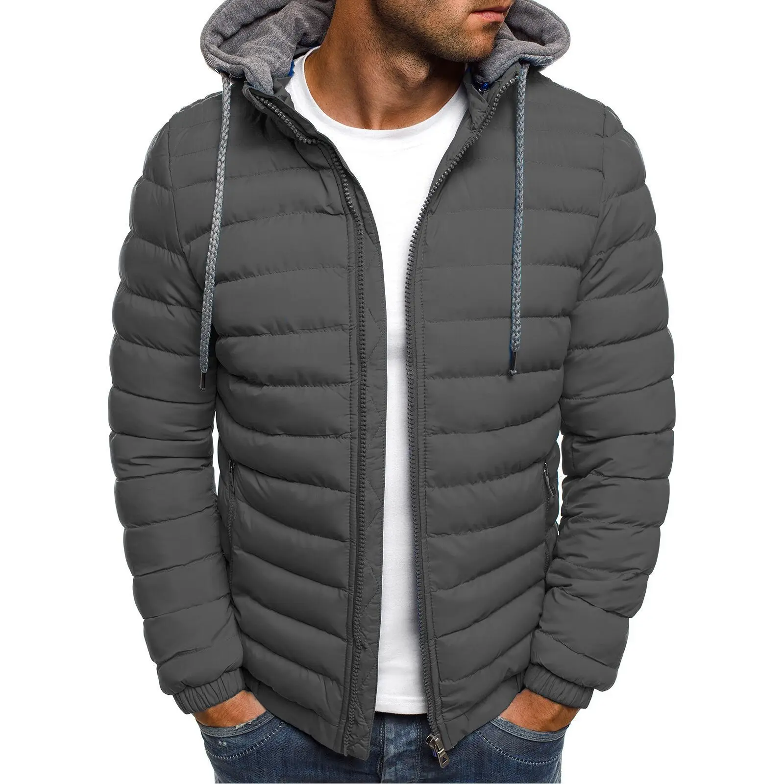 2025 Men Jacket Winter Thicken Contrast Color Zipper Casual Male Down Coat Long Sleeve Hooded Loose Comfortable Man Outerwear