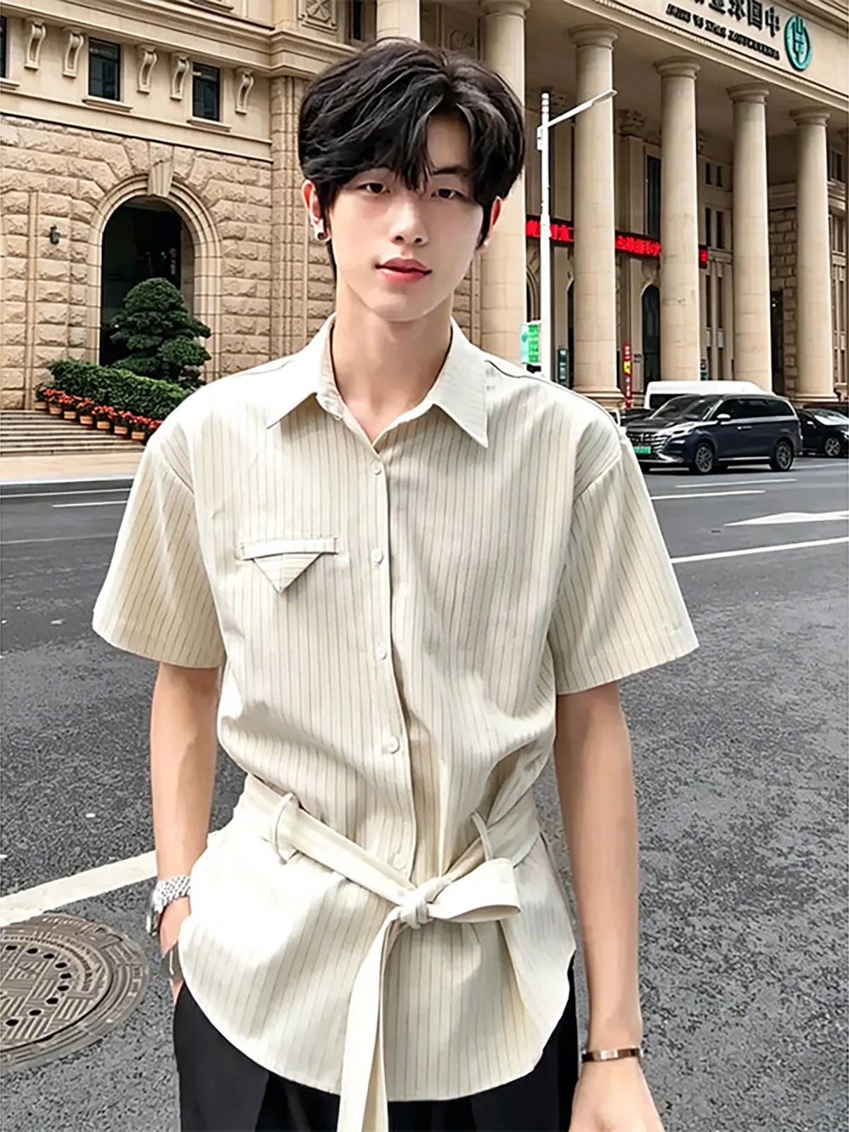 Casual Style Men's Striped Tie Short Sleeve Shirt Loose Fit Breathable Lightweight Summer Fashion Youth Popular Daily Wear