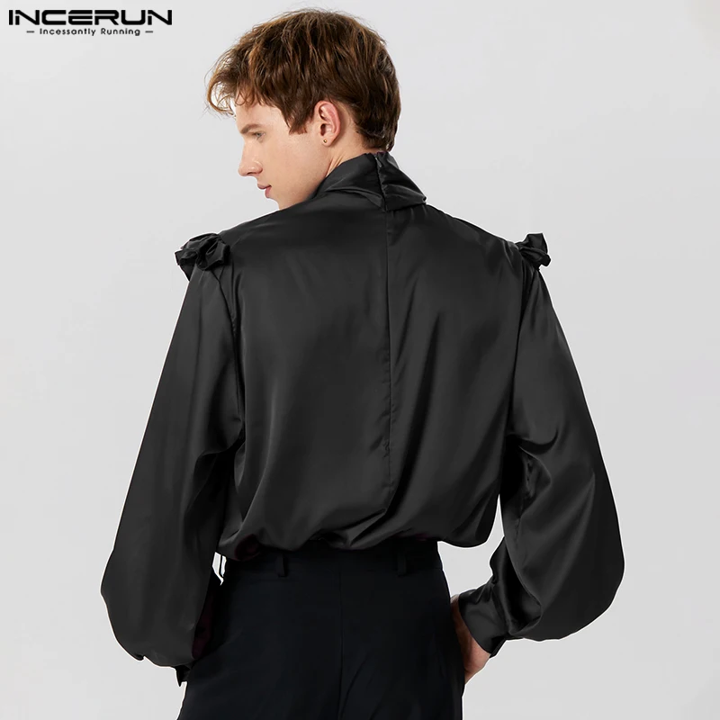 2023 Men Shirt Solid Satin Turtleneck Long Sleeve Lace Up Streetwear Men Clothing Ruffle Fashion Casual Unisex Shirts INCERUN