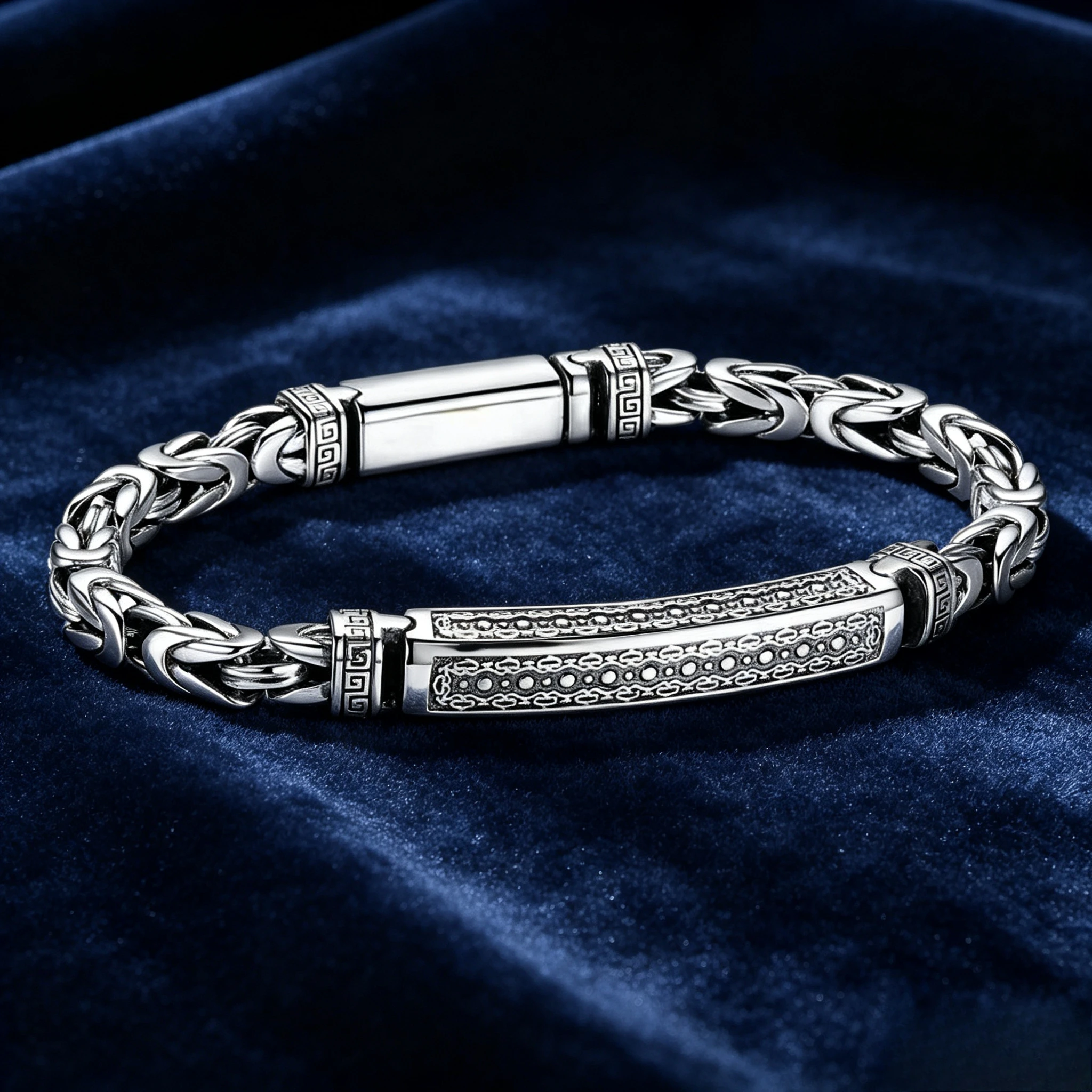 Men Vintage Hollow Engraved Bar Bracelet Retro Geometric Pattern Braided Chain Box Clasp Ethnic Style Wrist Jewelry Daily Gift
