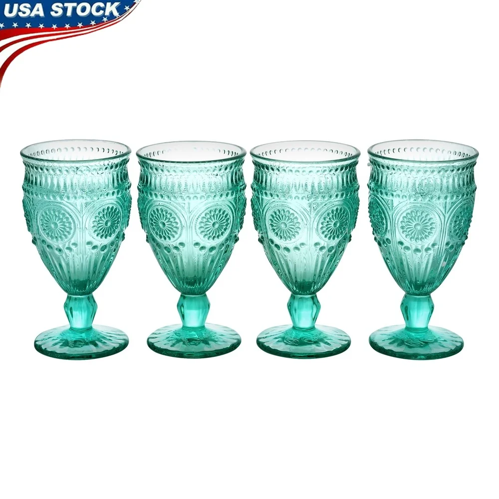 

Vintage Embossed Turquoise Glass Goblets Set of 4 Durable Drinkware Dishwasher Safe Perfect Entertaining Country Charm