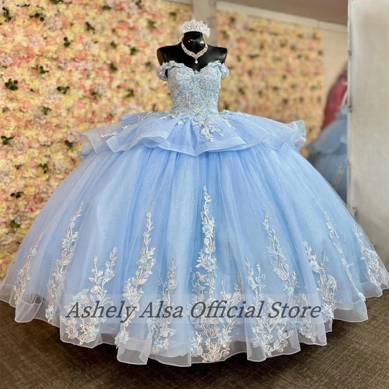 Disesuaikan gaun acara Prom biru terang gaun bola Applique renda leher V Vestido De 15 Anos anak perempuan Quinceanera gaun Formal 16