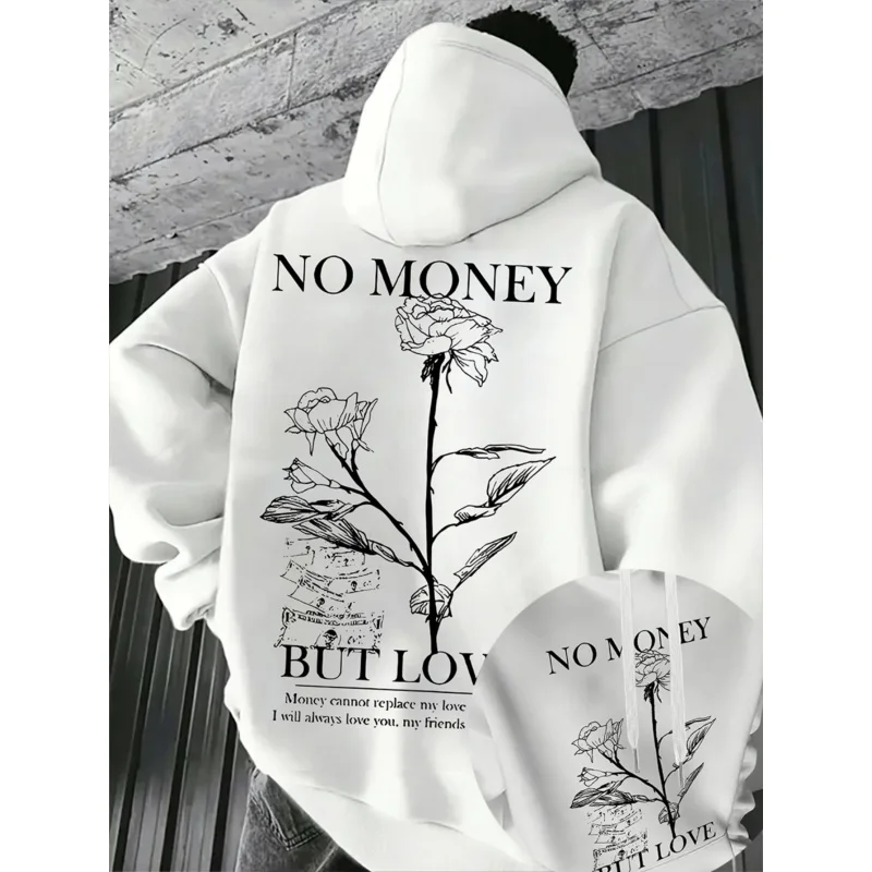 New Men's Autumn/Winter Fashionable Hooded Sweatshirt Casual Versatile and Relaxed-Fit Featuring Vintage Rose and Letter Prints