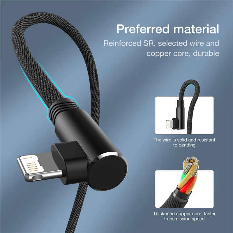 90 Degree USB Cable For iPhone 11 12 13 14 Pro X XR Max SE 6s 7 8 Plus Mobile Phone Lead 3m Fast Charging Cord Data Charger Wire