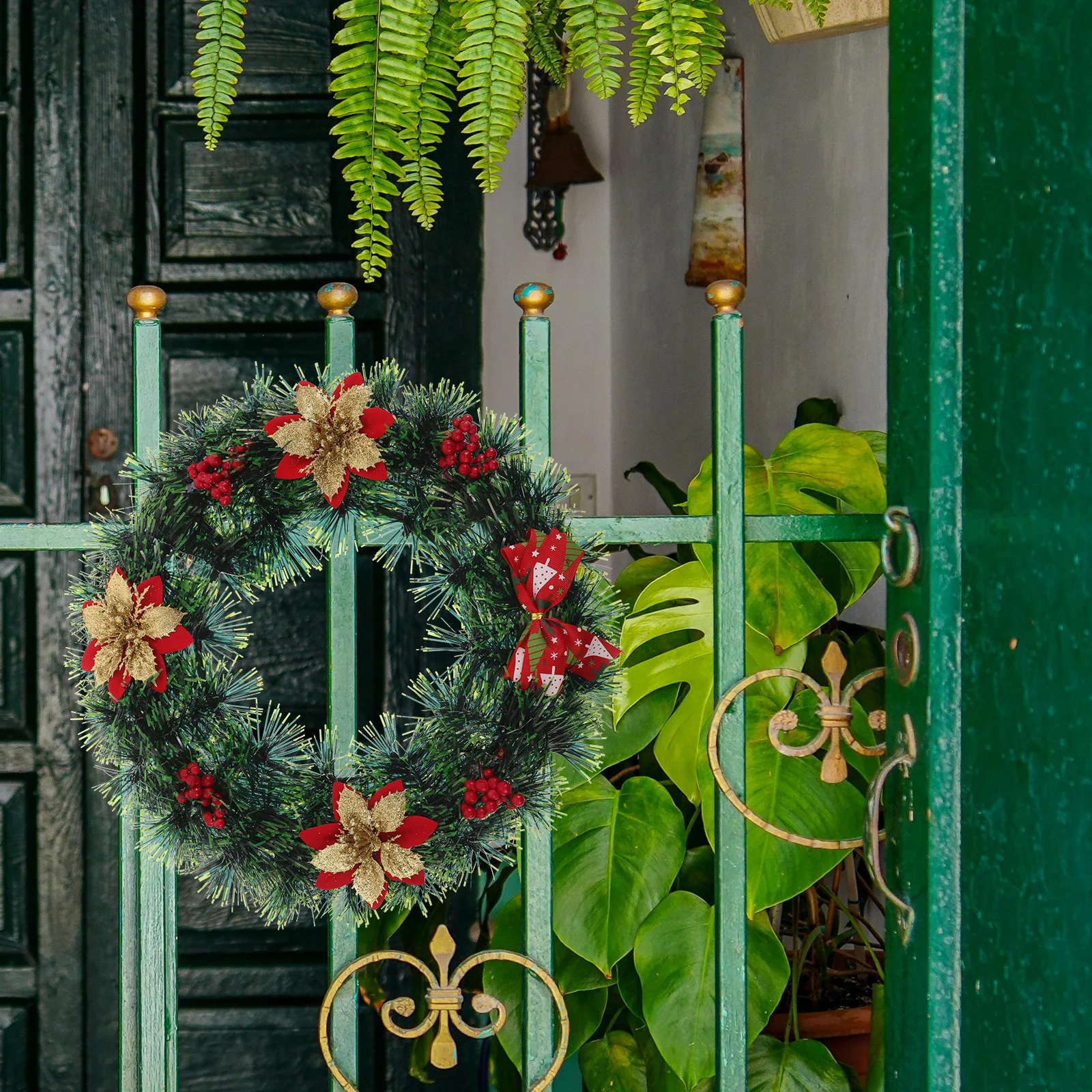 

Christmas Poinsettia Wreath Red Berry Artificial Greenery Holiday Front Door Decorative Wreath Fireplace Window Porch Wall