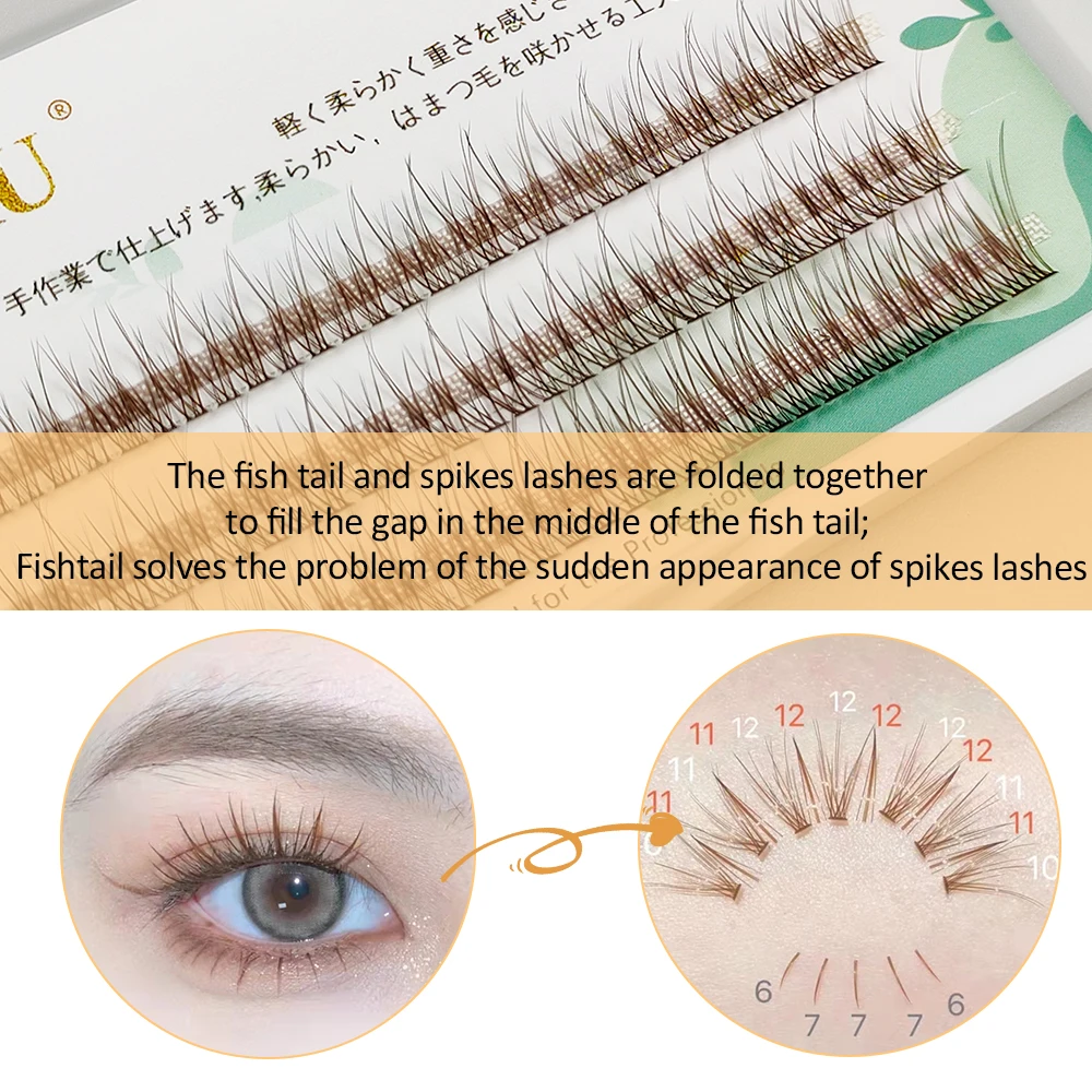 Lakanaku Brown Fishtail Type Eyelash Extensions 3 Rows Mix Length Single Fashion Cluster Fans Eyelashes