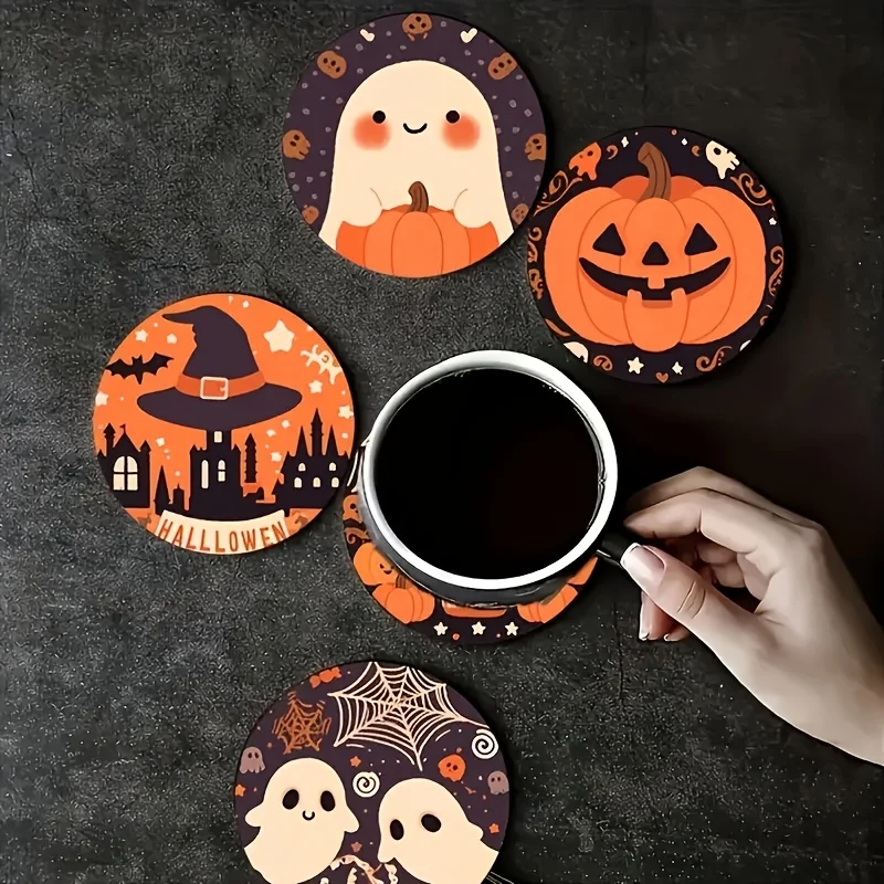 2D Halloween Motif Wooden Cup Mat Amusing Surface Guard Dining Cafe Workplace Household Ornament Celebration Seasonal Decor