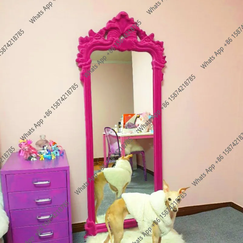 

French vintage full body flocking carved dressing mirror clothing store fitting home bedroom floor mirror