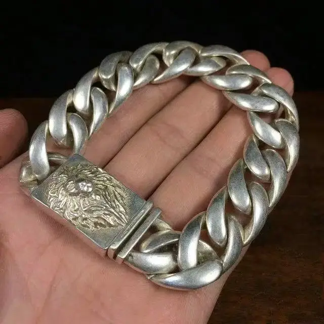 

China Old Tibetan Silver Domineering Lion Bold String Bracelet Fashionable Personality Male and Female Couple Gift