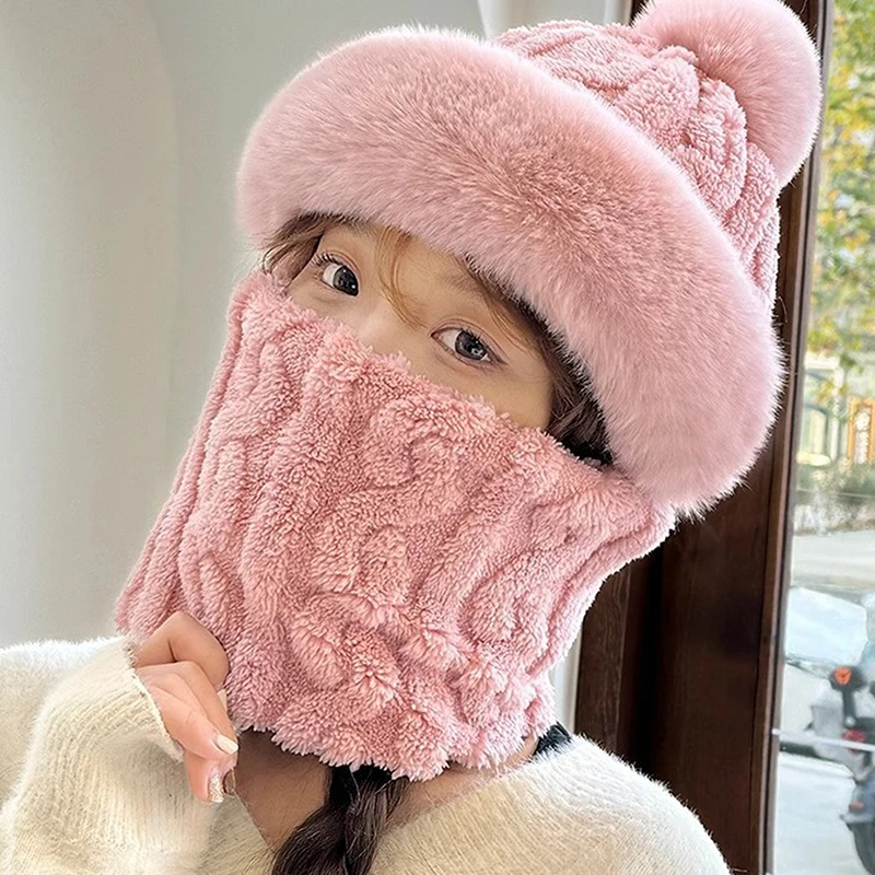 Fashion Plush Velvet Hat Scarf Mask Set Winter Warm Hat Neck Warmer Outdoor Cycling Windproof Warmer Scarf Hat Ear Protection image 4