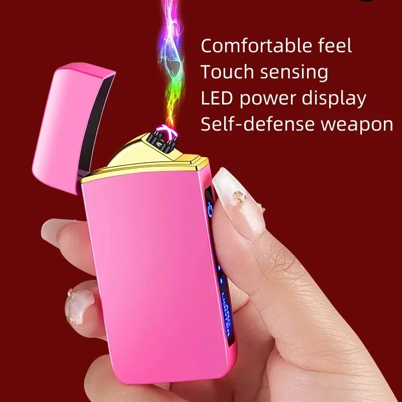 Pink Metal Windproof Electric Lighters Double Arc Flameless Plasma Rechargeable USB LED Power Display Touch Sensor Lighters