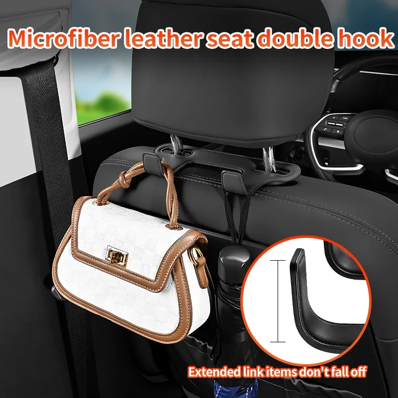 2‑in‑1 Car Headrest Double Hook Microfiber Leather Phone Holder Heavy Load Seat Back Hanger Auto Interior Storage Accessories
