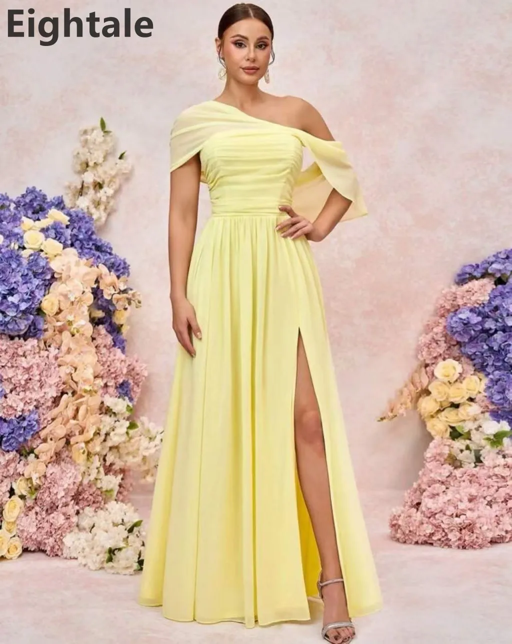 Eightale 2025 amarelo chiffon fora do ombro uma linha maxi vestido de noite árabe saudita fenda vestido de festa de baile vestidos formais personalizados