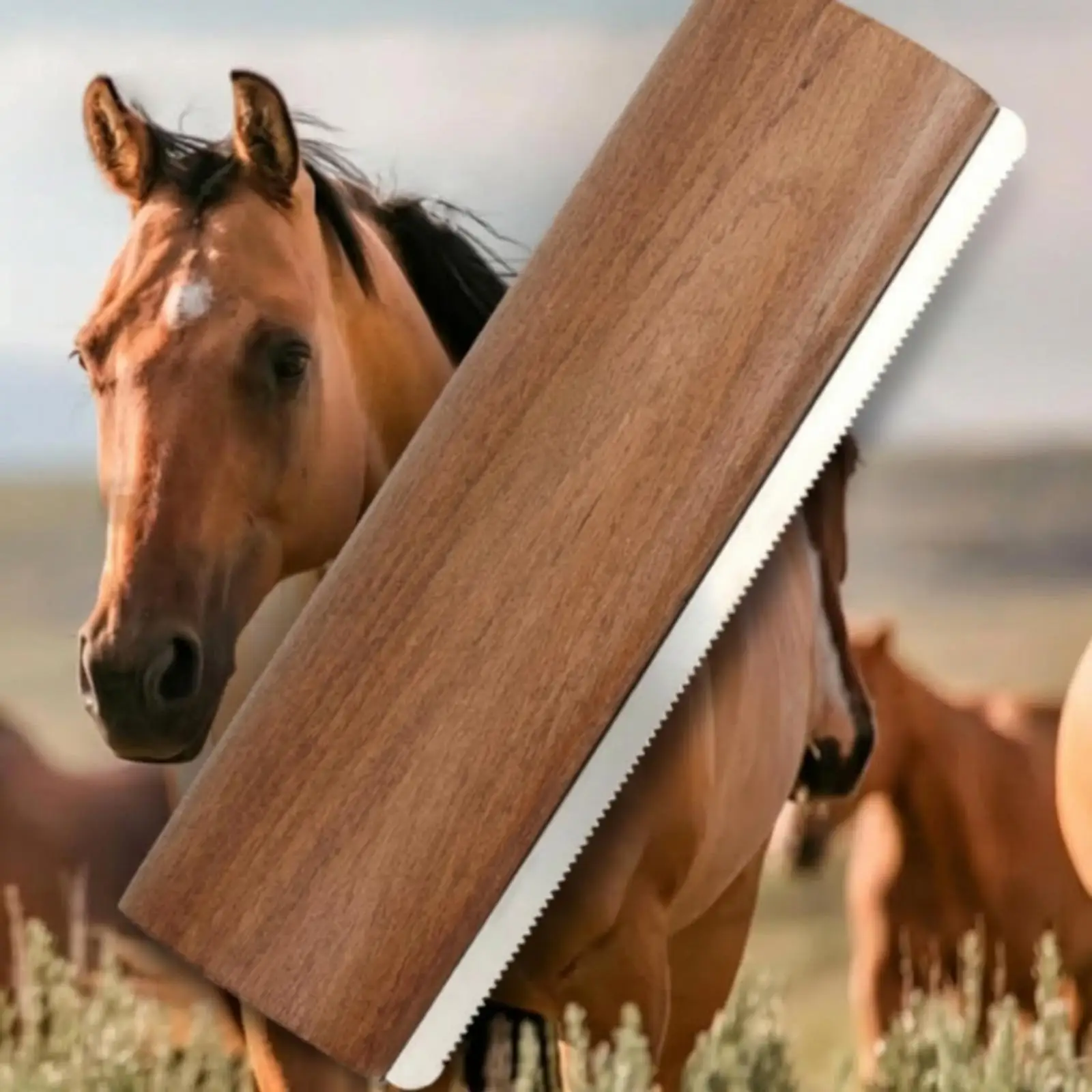 Metal Toothed Horse Grooming Comb Brown Wooden Handle for Cleaning Caked on Hair and Dirt