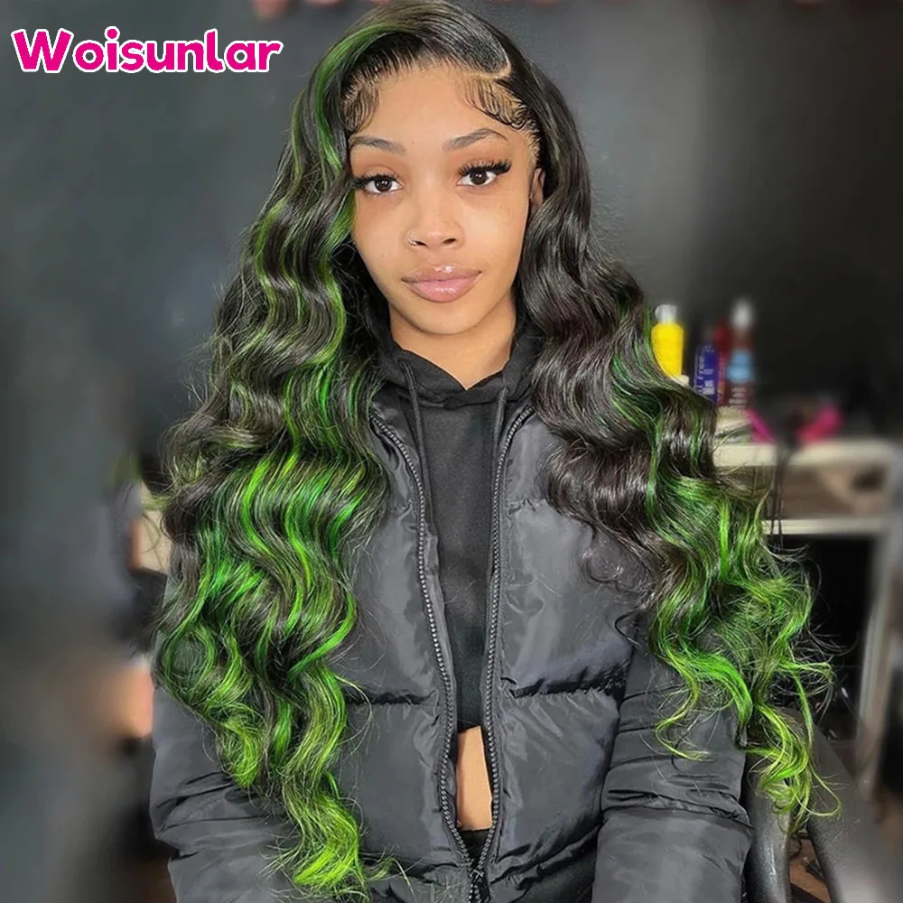 Highlight Green Body Wave Lace Frontal Wig Transparent lace front wig Black women hair 4x4 5x5 lace closure Hair Wig 32 36 inch