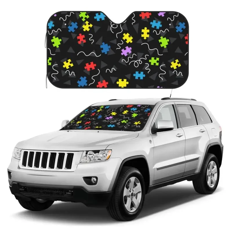 

Autism Awareness Puzzle Pieces Print Car Windshield Sun Shade Blocks Uv Rays Visor Protector Sunshade for Front 27.5x51 Inch