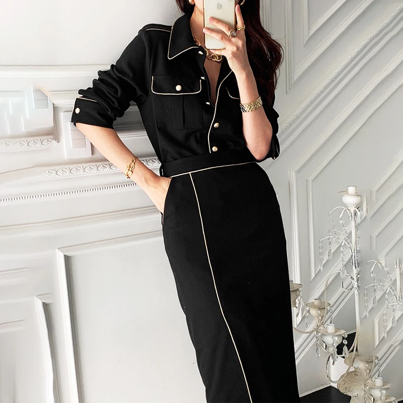 

Women Fall Two Piece Sets Vintage French Style Long Sleeve Hit Color Stitching Shirt+high Wasit Package Hip Ol Black Skirt Suits