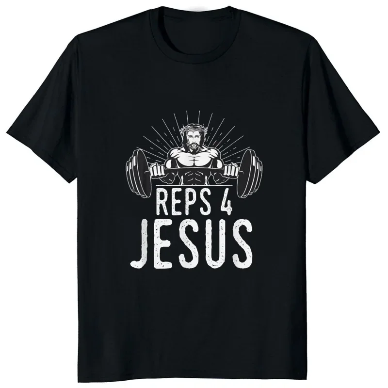 Funny Reps 4 Jesus Gym Weightlifting T-Shirt Classic Religion Comics T Shirt Short Sleeve Loose Casual Fashion Breathe Man Tees