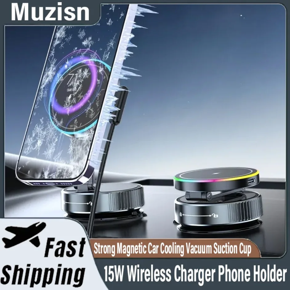 

Беспроводное зарядное устройство 15 Вт, держатель для телефона, RGB, сильное магнитное автомобильное охлаждение, вакуумная подставка на присоске для iPhone 16, 15, 14, 13, 12 Pro
