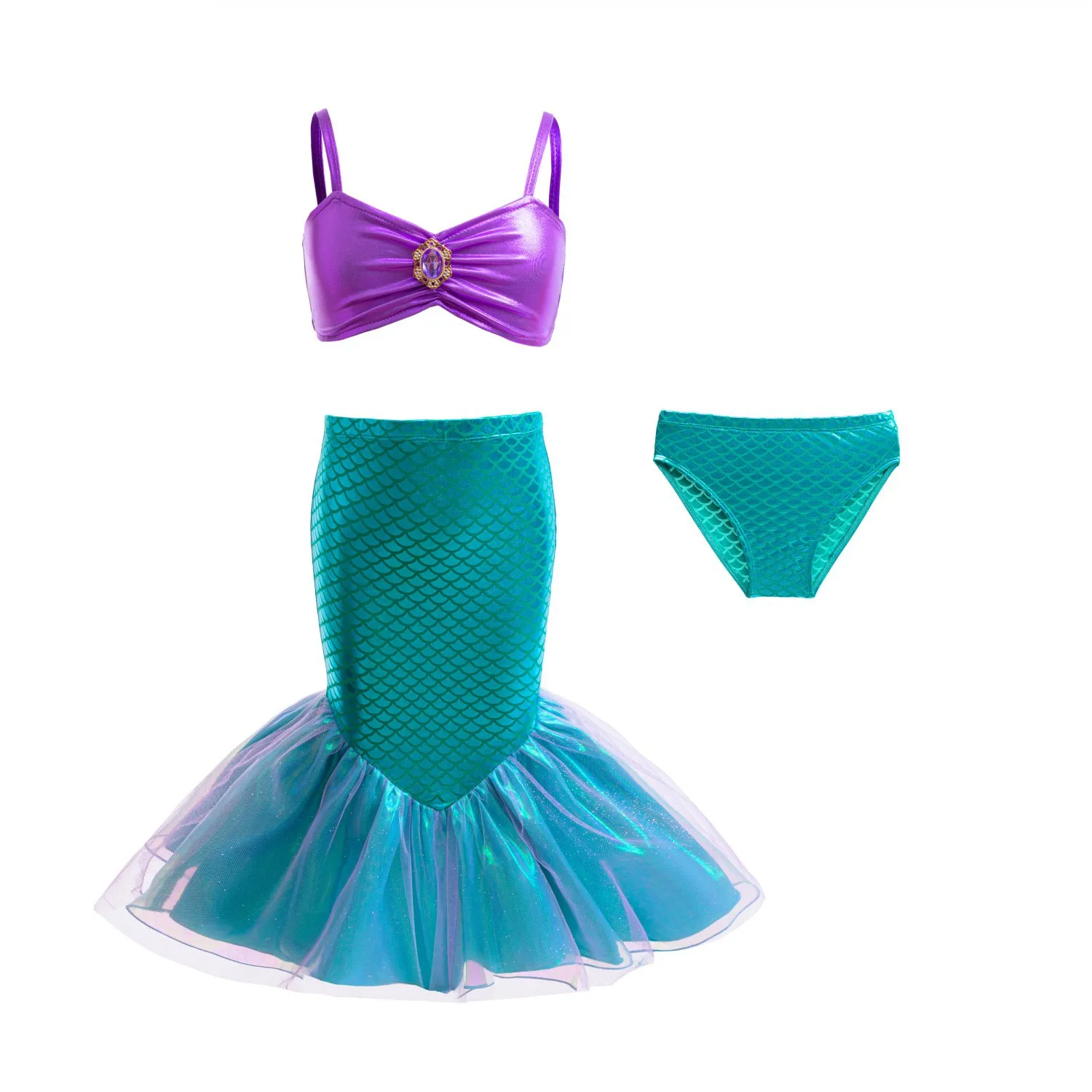 Girls Ariel Cosplay Costume Set Shiny Sling Top Fish Scale Print Tulle Mermaid Tail Skirt for Halloween Birthday Party