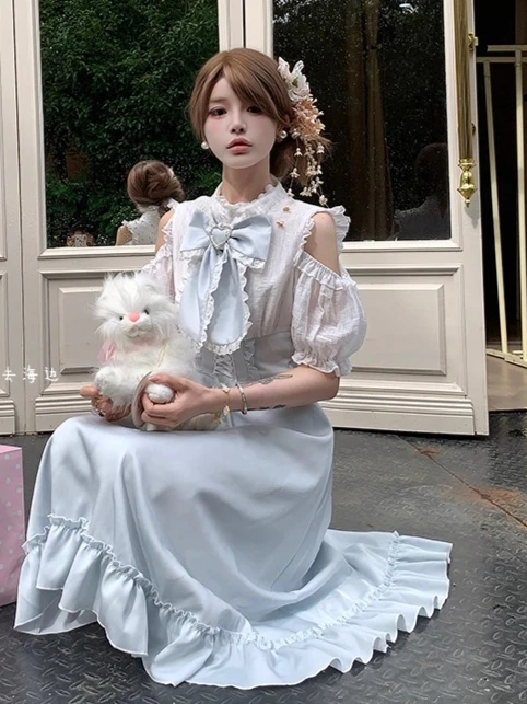

Sweet Gentle Lolita Dress Elegant Temperament Bow Off-the-shoulder Short Sleeve High Waist Mid-length Dress Women A-line Dresses