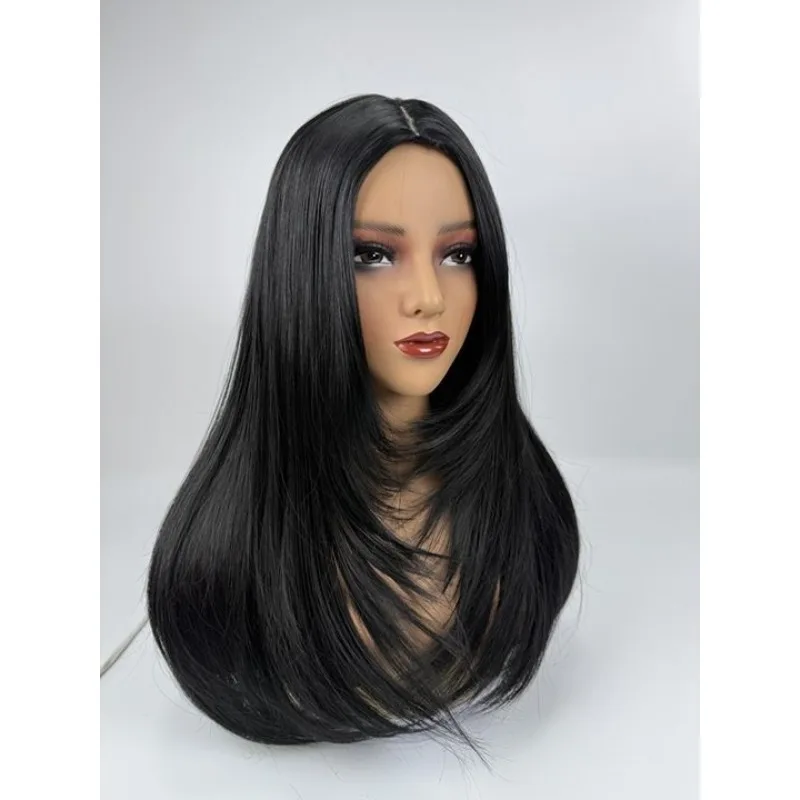 Synthetische Lace Front Pruik Lang Gelaagd Recht Licht Golvend Zwart voor Beginners Voorgeplukt Hittebestendig Midden Gemakkelijk te dragen