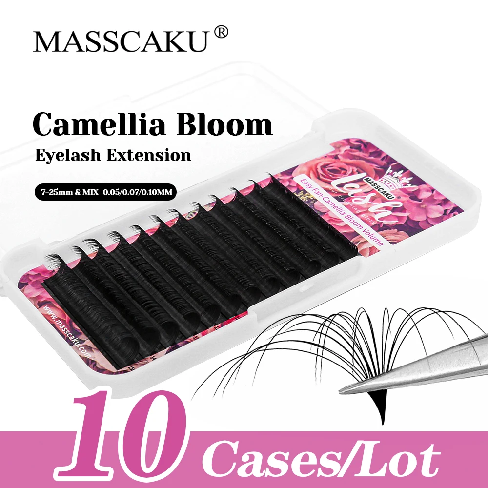 MASSCAKU 10cases/lot Hot Sale Lightweight Automatic Fanning Eyelash C CC D DD Curl Matte Black Self Flowering Lash Easy to Pick