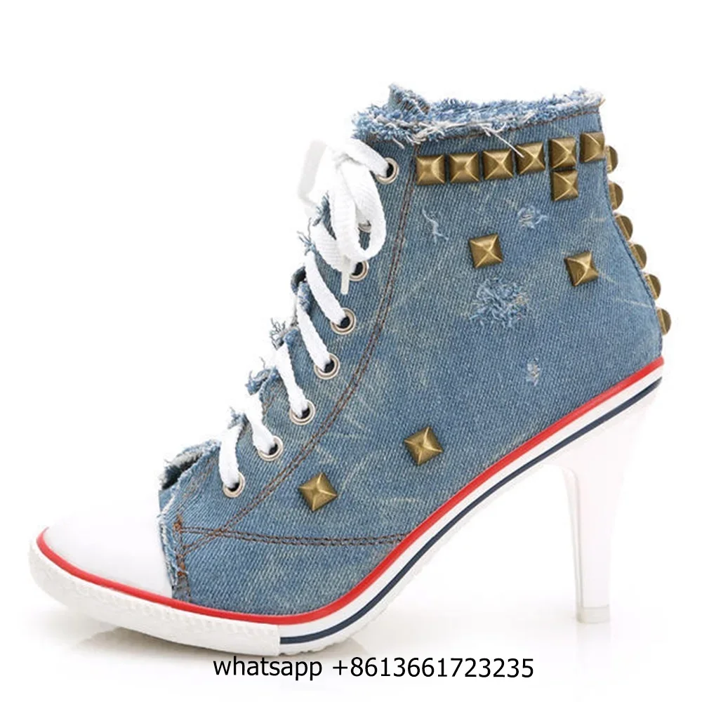 

New Round Toe Women's Shoes Denim High Heels Rivet Handmade Canvas Shoes Casual Fashion Women's Novel Hige Heels