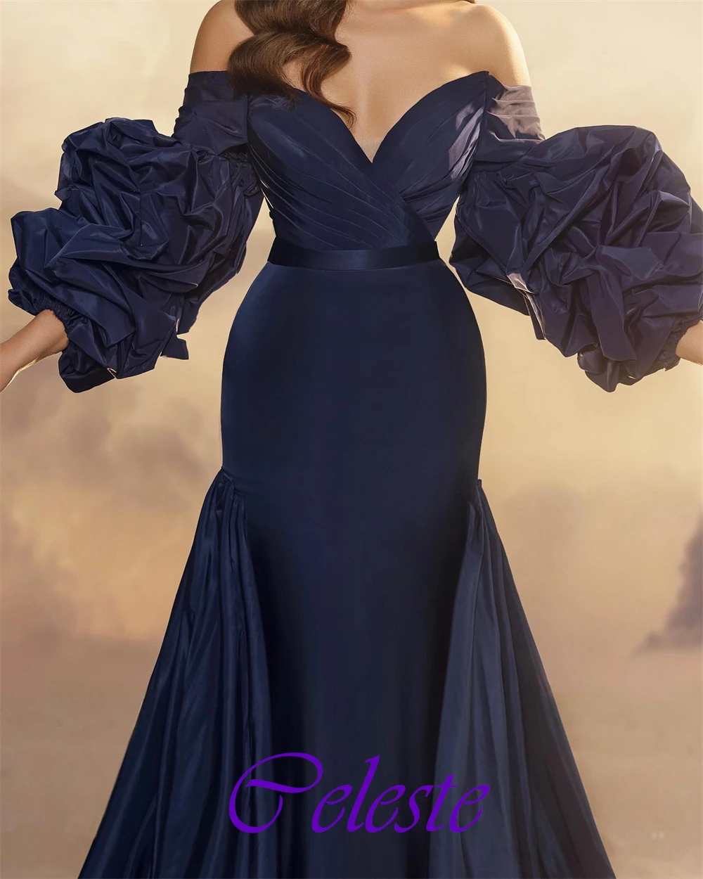 Customized Elegant V-Neck Satin Evening Dress Classic Puff Sleeves Prom Dresses Luxury Off the Shoulder Special Occasion Gowns