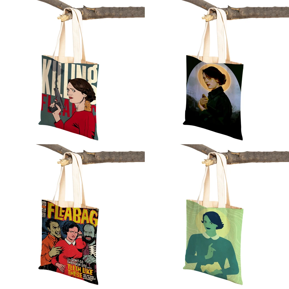 Tv Show Fleabag Lady Shopping Bags Cartoon Art Reusable Foldable Eco Canvas Women Shopper Bag Travel Tote Handbag