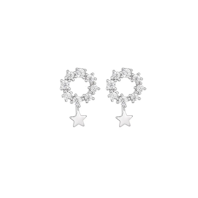 RYJU 925 Sterling Silver Star Stud Earrings for Women Geometric Circular Zircon Jewellery Minimalist Accessories Party Gifts