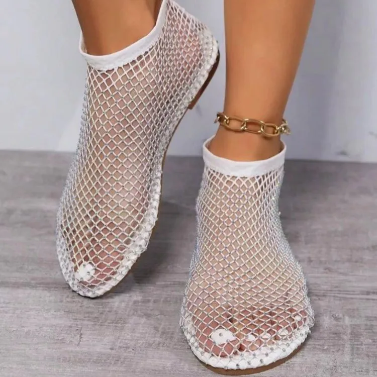 Hot Women\'s Shoes Luxury Diamond Round Head Ladies Shoes on Offer Women\'s Sandals with Elastic Fishnet Socks Slippers 36-43