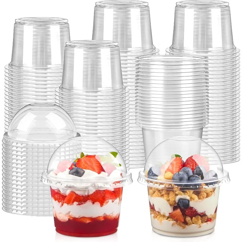 50PCS Disposable Plastic Dessert Cups with Dome Lids Transparent Dessert Bowls Ice Cream Fruit Cake Pudding Yogurt Snack Cups