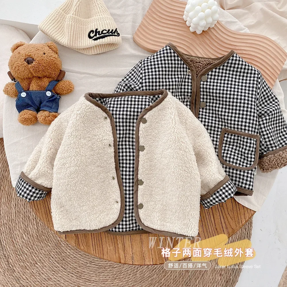 Baby Clothes Kids Fleece Coat 0-6 Years Old 2024 Autumn Winter Boys Thick Woolen Coat Girls Plaid Fashionable Casual Warm Coat