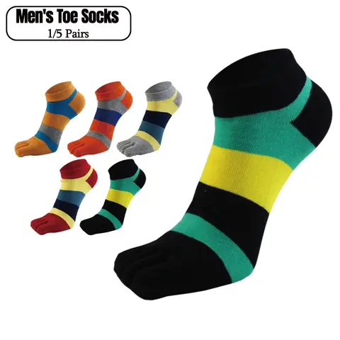 1/5 Pairs Men Five Toe Socks Colorful Striped Ankle Boat Socks Breathable Cotton Invisible Low Cut Five Finger Socks For Daily