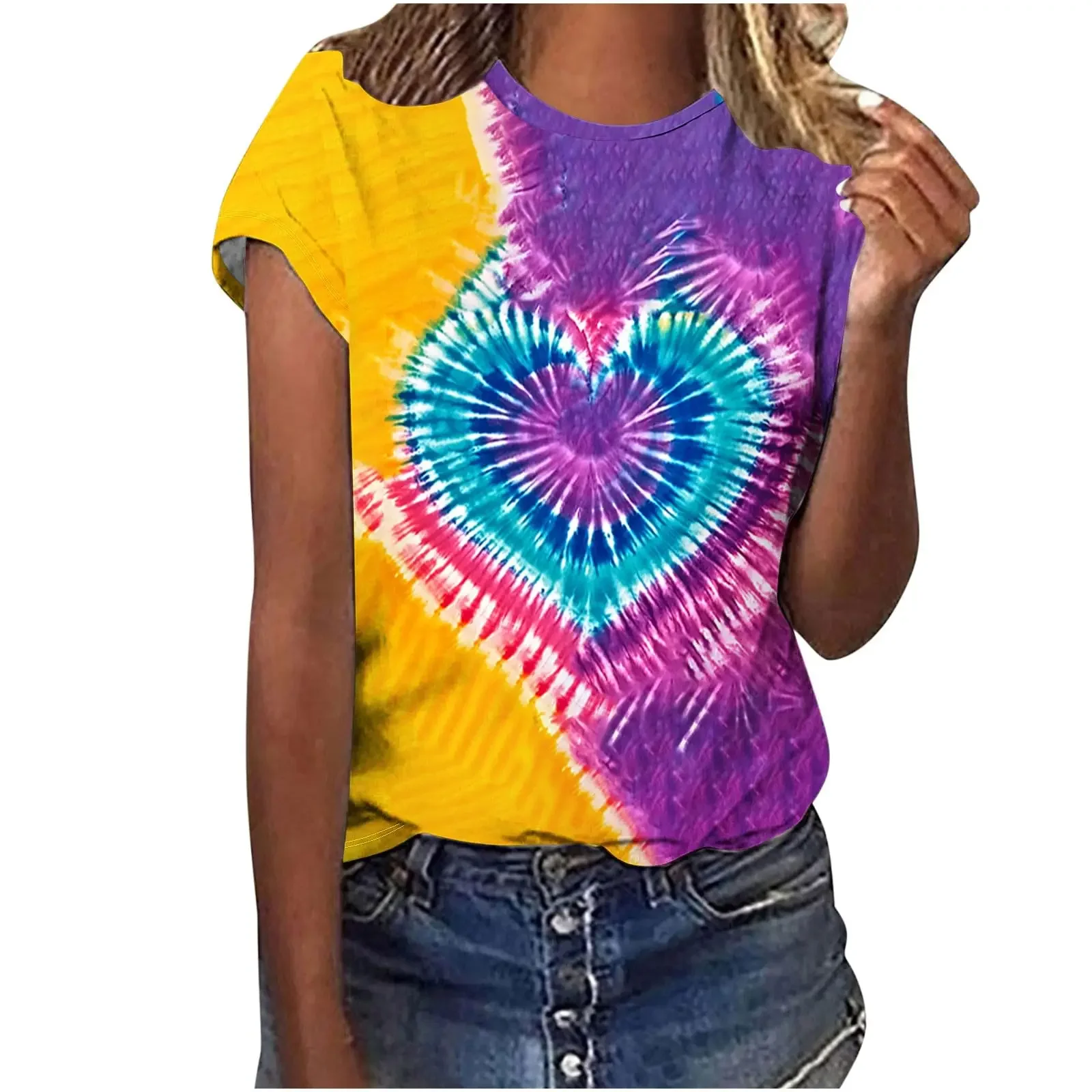 

Футболки с 3D принтом в виде сердца и принтом тай-дай, женская футболка с круглым вырезом и коротким рукавом, уличная одежда Y2k, футболки в стиле Харадзюку, базовый топ, женская одежда