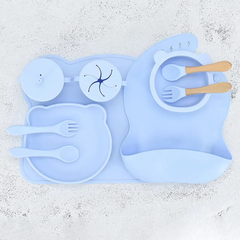 Trend Feeding Supplies Silicone Tableware Set Baby Bib Dinner Mat Suction Cup Baby Weaning Set