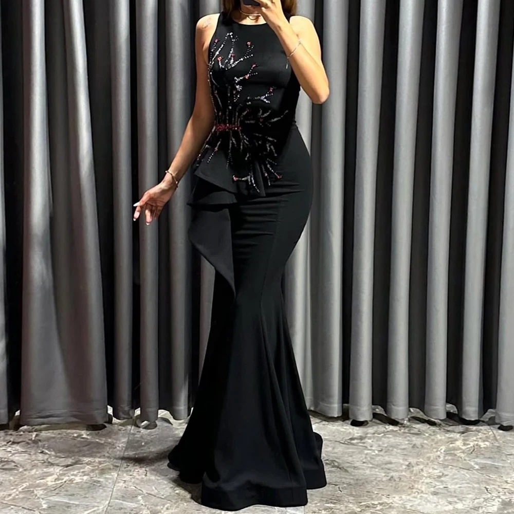 

Customized Mermaid Evening Dresses Floor-length O-neck Sleeveless Prom Gown Fsahion Beading Flowers Simple Draped Party Gown