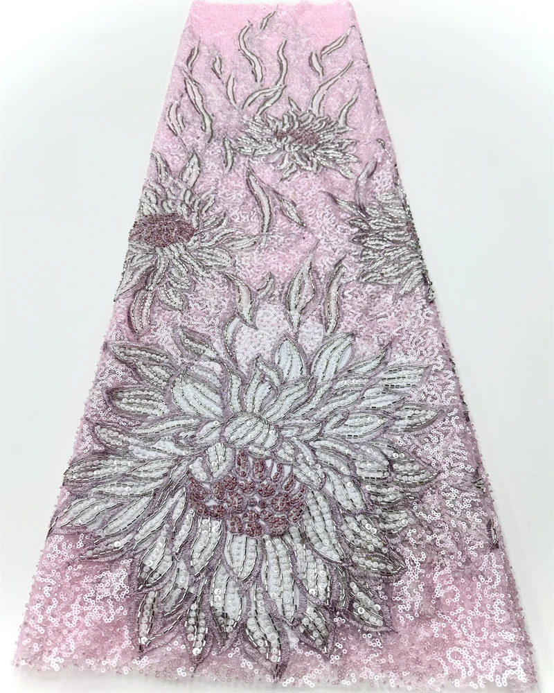 

African French Sequined Lace Fabrics High Quality Tulle Lace Nigerian Beaded Embroidered Dress Material For Party Wedding