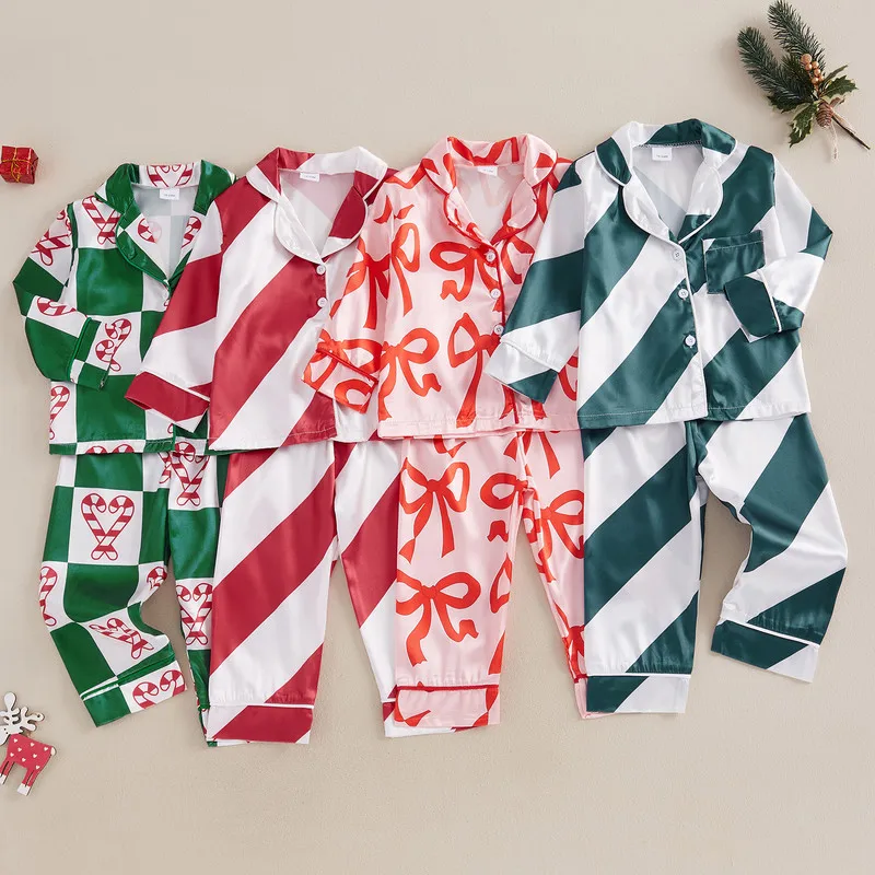 18 Months to 6 Years Little Girl Boy Christmas Pajamas Set Bow/Stripe Long Sleeve Button Tops with Pants Satin Sleepwear