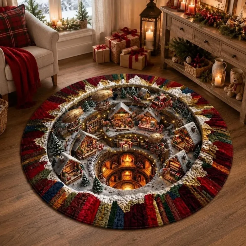 Christmas Santa Claus 3D Vortex Checkerboard Round Area Rug Washable Soft Carpet for Living Room Bedroom Holiday Home Decor